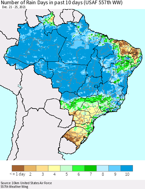 Brazil Number of Rain Days in past 10 days (USAF 557th WW) Thematic Map For 12/21/2021 - 12/25/2021