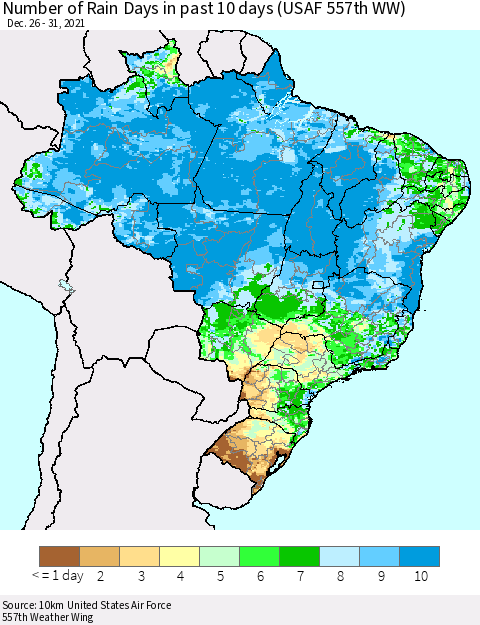 Brazil Number of Rain Days in past 10 days (USAF 557th WW) Thematic Map For 12/26/2021 - 12/31/2021