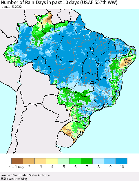 Brazil Number of Rain Days in past 10 days (USAF 557th WW) Thematic Map For 1/1/2022 - 1/5/2022