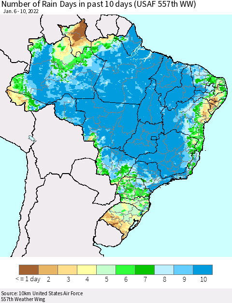 Brazil Number of Rain Days in past 10 days (USAF 557th WW) Thematic Map For 1/6/2022 - 1/10/2022