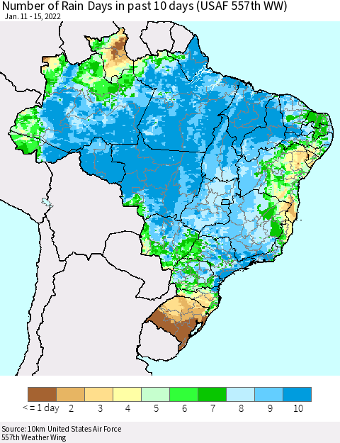 Brazil Number of Rain Days in past 10 days (USAF 557th WW) Thematic Map For 1/11/2022 - 1/15/2022