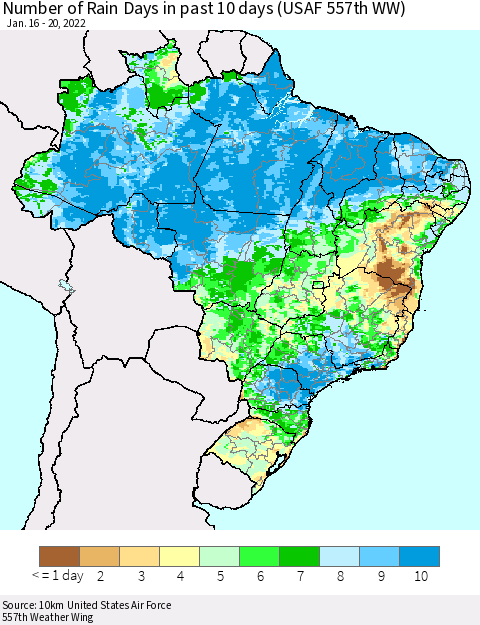 Brazil Number of Rain Days in past 10 days (USAF 557th WW) Thematic Map For 1/16/2022 - 1/20/2022