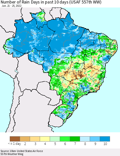 Brazil Number of Rain Days in past 10 days (USAF 557th WW) Thematic Map For 1/21/2022 - 1/25/2022