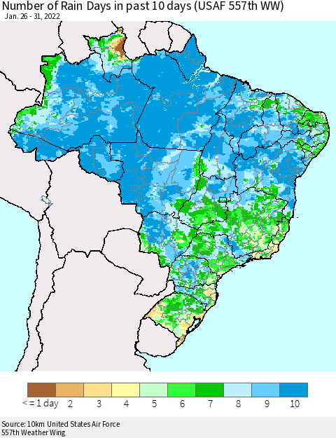 Brazil Number of Rain Days in past 10 days (USAF 557th WW) Thematic Map For 1/26/2022 - 1/31/2022