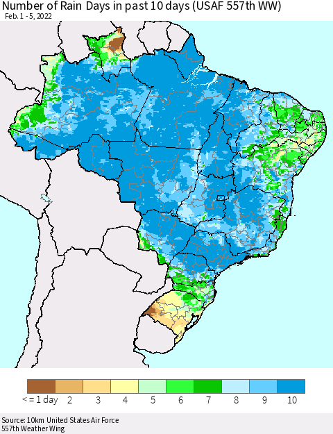 Brazil Number of Rain Days in past 10 days (USAF 557th WW) Thematic Map For 2/1/2022 - 2/5/2022
