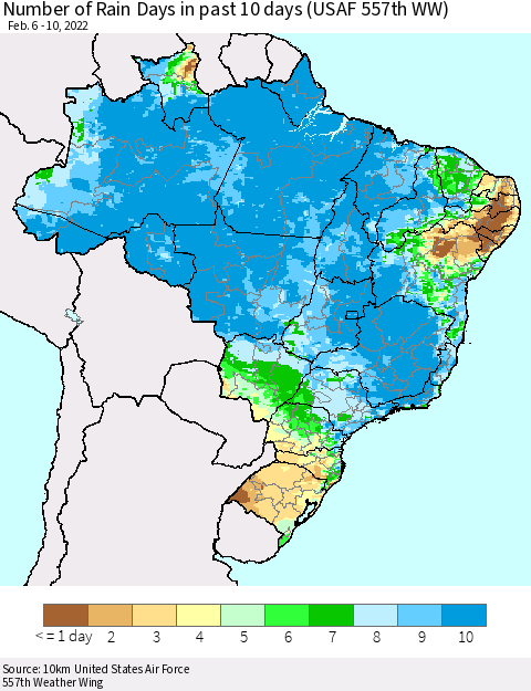Brazil Number of Rain Days in past 10 days (USAF 557th WW) Thematic Map For 2/6/2022 - 2/10/2022