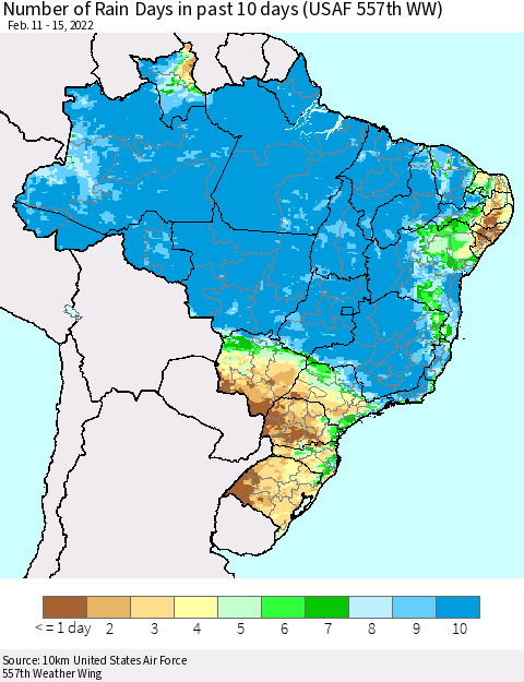 Brazil Number of Rain Days in past 10 days (USAF 557th WW) Thematic Map For 2/11/2022 - 2/15/2022