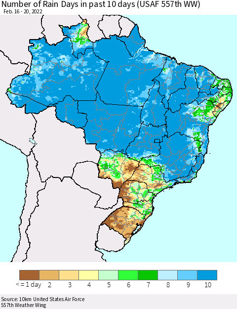 Brazil Number of Rain Days in past 10 days (USAF 557th WW) Thematic Map For 2/16/2022 - 2/20/2022