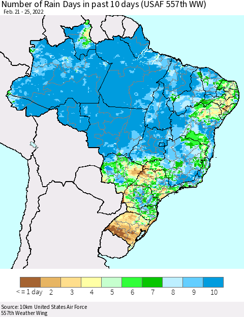 Brazil Number of Rain Days in past 10 days (USAF 557th WW) Thematic Map For 2/21/2022 - 2/25/2022