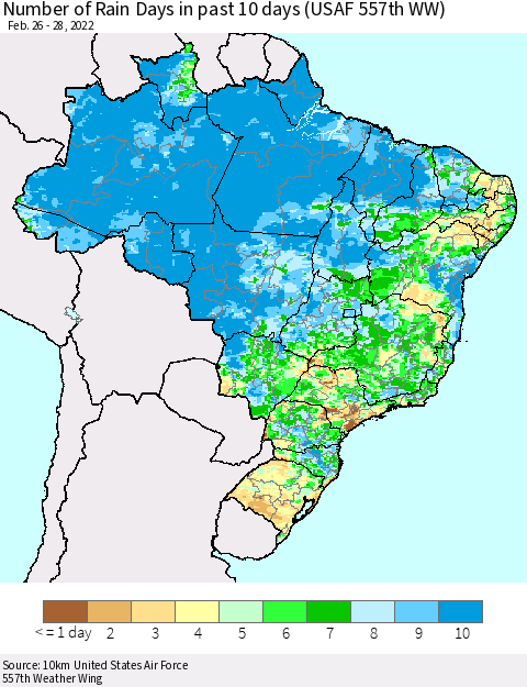 Brazil Number of Rain Days in past 10 days (USAF 557th WW) Thematic Map For 2/26/2022 - 2/28/2022