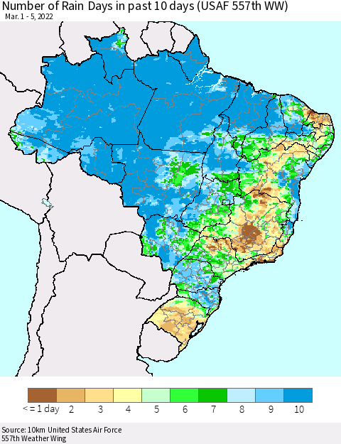 Brazil Number of Rain Days in past 10 days (USAF 557th WW) Thematic Map For 3/1/2022 - 3/5/2022