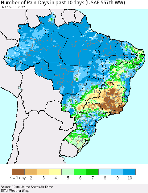 Brazil Number of Rain Days in past 10 days (USAF 557th WW) Thematic Map For 3/6/2022 - 3/10/2022