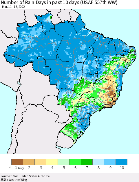 Brazil Number of Rain Days in past 10 days (USAF 557th WW) Thematic Map For 3/11/2022 - 3/15/2022