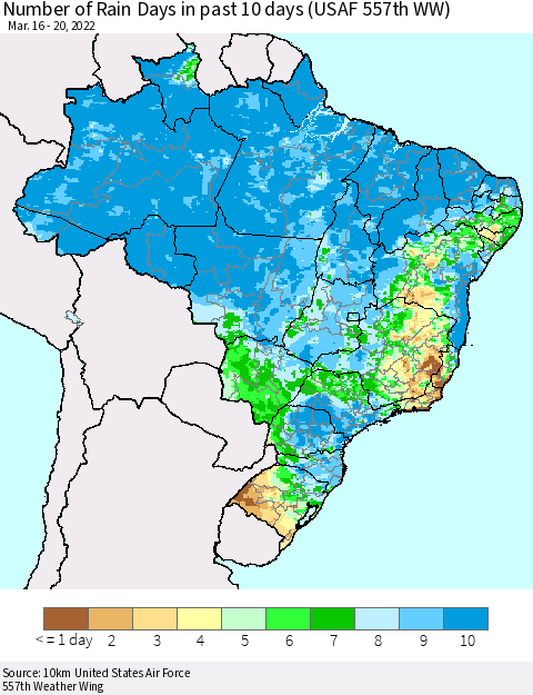 Brazil Number of Rain Days in past 10 days (USAF 557th WW) Thematic Map For 3/16/2022 - 3/20/2022