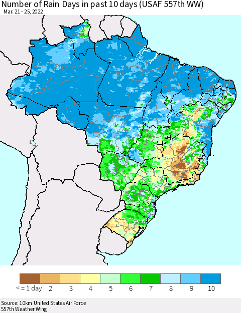 Brazil Number of Rain Days in past 10 days (USAF 557th WW) Thematic Map For 3/21/2022 - 3/25/2022