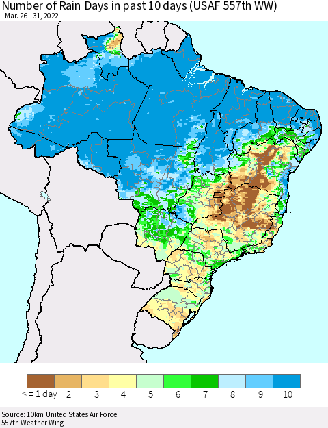 Brazil Number of Rain Days in past 10 days (USAF 557th WW) Thematic Map For 3/26/2022 - 3/31/2022