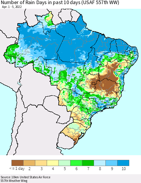 Brazil Number of Rain Days in past 10 days (USAF 557th WW) Thematic Map For 4/1/2022 - 4/5/2022