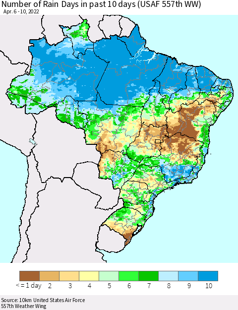 Brazil Number of Rain Days in past 10 days (USAF 557th WW) Thematic Map For 4/6/2022 - 4/10/2022