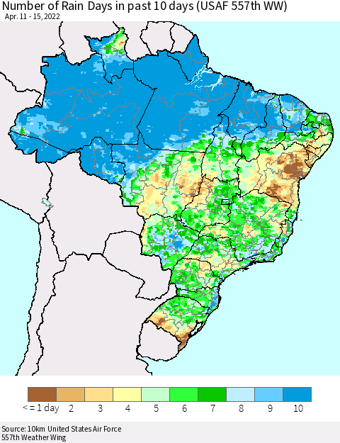 Brazil Number of Rain Days in past 10 days (USAF 557th WW) Thematic Map For 4/11/2022 - 4/15/2022