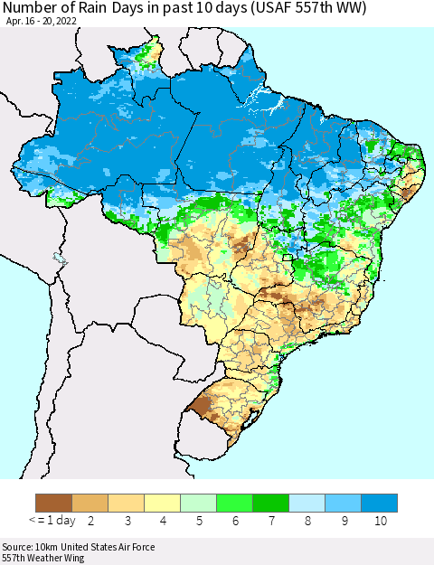 Brazil Number of Rain Days in past 10 days (USAF 557th WW) Thematic Map For 4/16/2022 - 4/20/2022