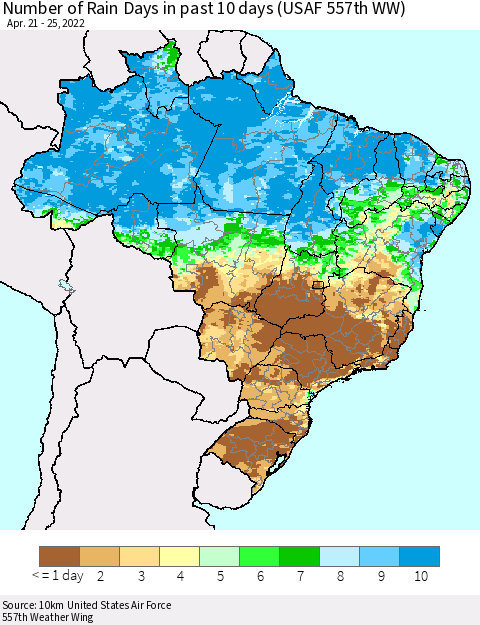 Brazil Number of Rain Days in past 10 days (USAF 557th WW) Thematic Map For 4/21/2022 - 4/25/2022
