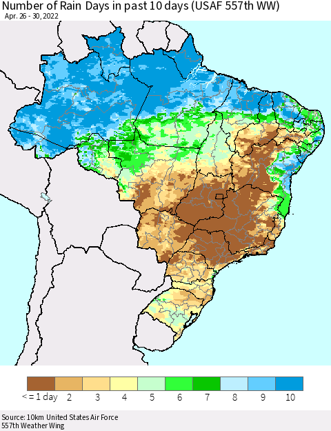 Brazil Number of Rain Days in past 10 days (USAF 557th WW) Thematic Map For 4/26/2022 - 4/30/2022