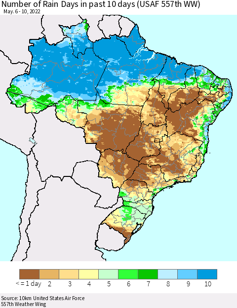 Brazil Number of Rain Days in past 10 days (USAF 557th WW) Thematic Map For 5/6/2022 - 5/10/2022