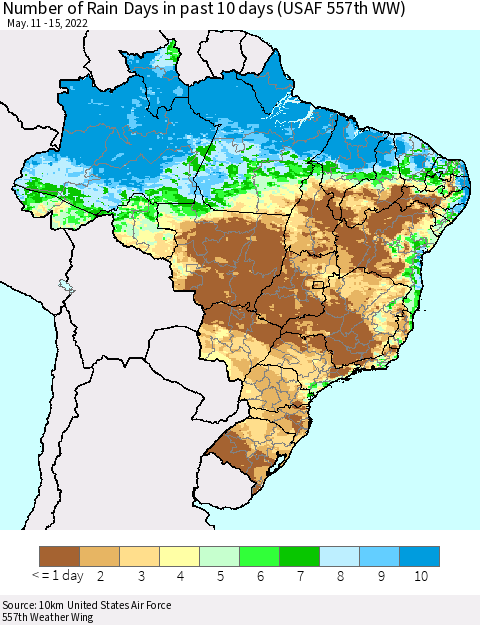 Brazil Number of Rain Days in past 10 days (USAF 557th WW) Thematic Map For 5/11/2022 - 5/15/2022