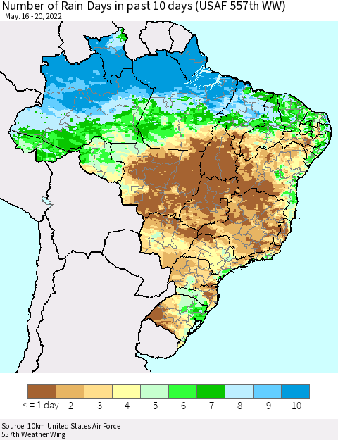 Brazil Number of Rain Days in past 10 days (USAF 557th WW) Thematic Map For 5/16/2022 - 5/20/2022