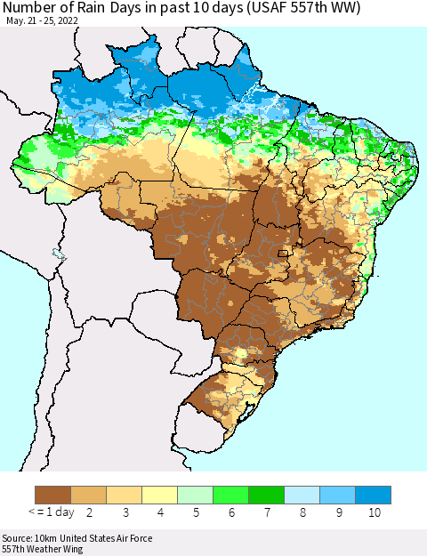 Brazil Number of Rain Days in past 10 days (USAF 557th WW) Thematic Map For 5/21/2022 - 5/25/2022