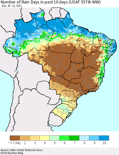 Brazil Number of Rain Days in past 10 days (USAF 557th WW) Thematic Map For 5/26/2022 - 5/31/2022