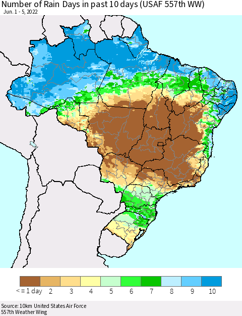 Brazil Number of Rain Days in past 10 days (USAF 557th WW) Thematic Map For 6/1/2022 - 6/5/2022