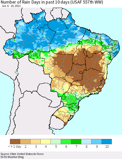 Brazil Number of Rain Days in past 10 days (USAF 557th WW) Thematic Map For 6/6/2022 - 6/10/2022