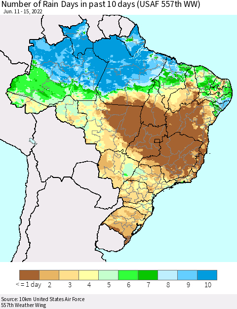Brazil Number of Rain Days in past 10 days (USAF 557th WW) Thematic Map For 6/11/2022 - 6/15/2022