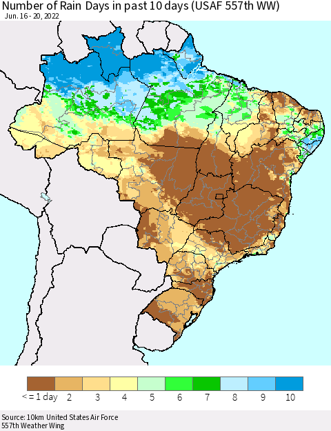 Brazil Number of Rain Days in past 10 days (USAF 557th WW) Thematic Map For 6/16/2022 - 6/20/2022