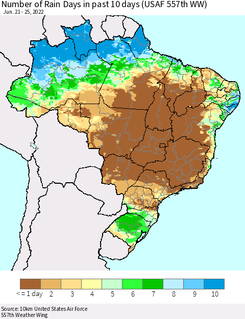 Brazil Number of Rain Days in past 10 days (USAF 557th WW) Thematic Map For 6/21/2022 - 6/25/2022