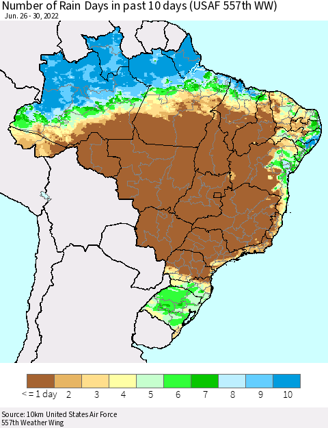 Brazil Number of Rain Days in past 10 days (USAF 557th WW) Thematic Map For 6/26/2022 - 6/30/2022