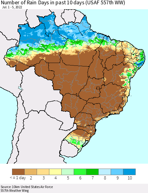 Brazil Number of Rain Days in past 10 days (USAF 557th WW) Thematic Map For 7/1/2022 - 7/5/2022