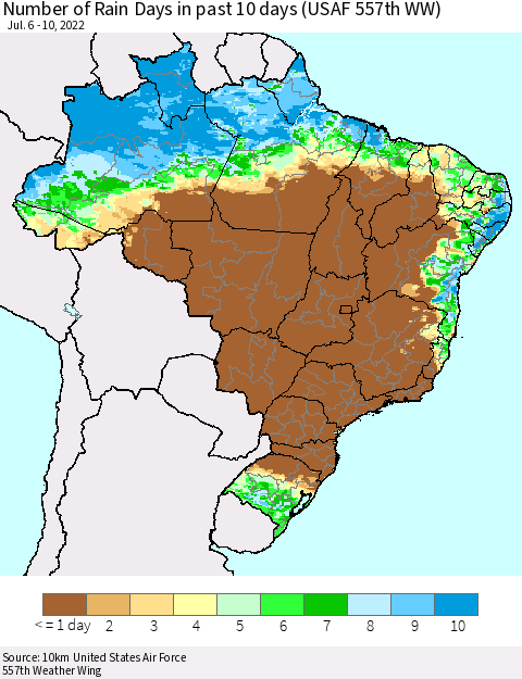 Brazil Number of Rain Days in past 10 days (USAF 557th WW) Thematic Map For 7/6/2022 - 7/10/2022