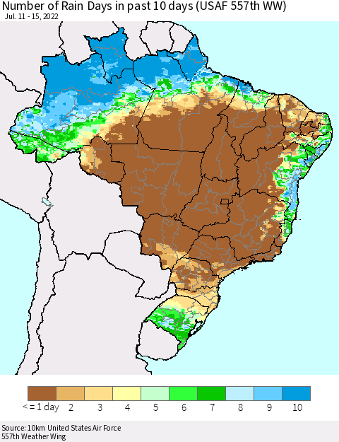 Brazil Number of Rain Days in past 10 days (USAF 557th WW) Thematic Map For 7/11/2022 - 7/15/2022