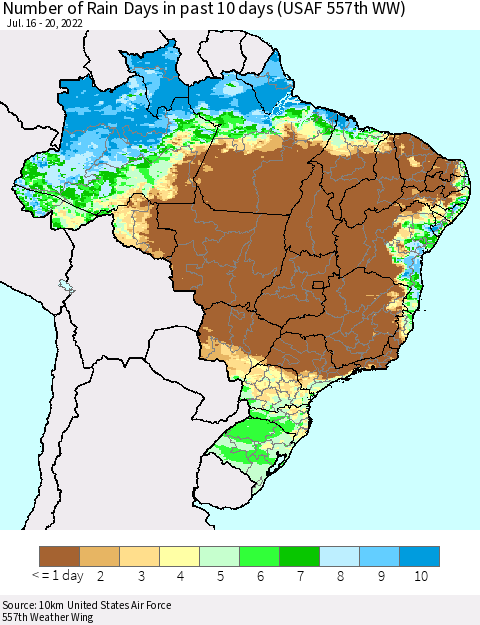 Brazil Number of Rain Days in past 10 days (USAF 557th WW) Thematic Map For 7/16/2022 - 7/20/2022
