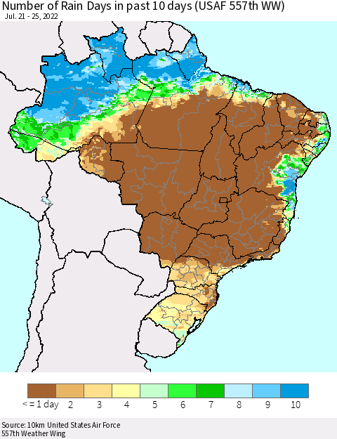 Brazil Number of Rain Days in past 10 days (USAF 557th WW) Thematic Map For 7/21/2022 - 7/25/2022