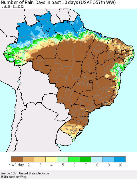 Brazil Number of Rain Days in past 10 days (USAF 557th WW) Thematic Map For 7/26/2022 - 7/31/2022