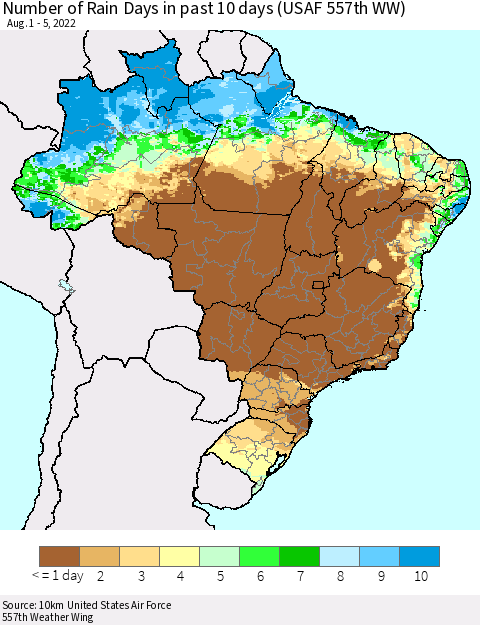 Brazil Number of Rain Days in past 10 days (USAF 557th WW) Thematic Map For 8/1/2022 - 8/5/2022