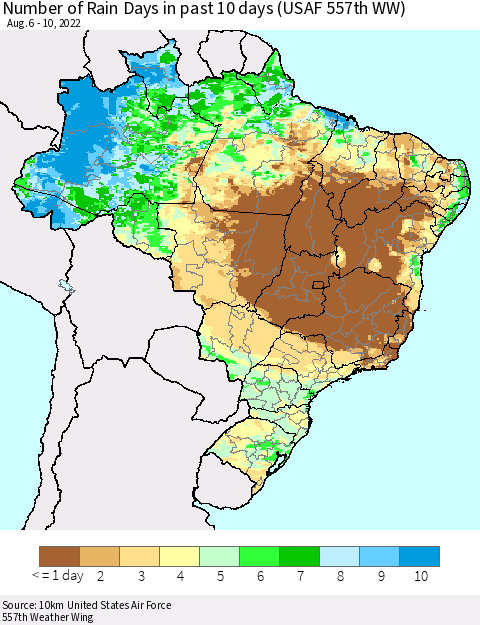 Brazil Number of Rain Days in past 10 days (USAF 557th WW) Thematic Map For 8/6/2022 - 8/10/2022