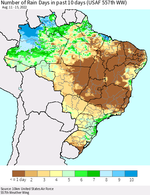 Brazil Number of Rain Days in past 10 days (USAF 557th WW) Thematic Map For 8/11/2022 - 8/15/2022