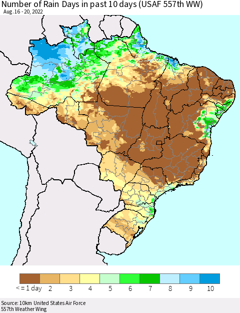 Brazil Number of Rain Days in past 10 days (USAF 557th WW) Thematic Map For 8/16/2022 - 8/20/2022