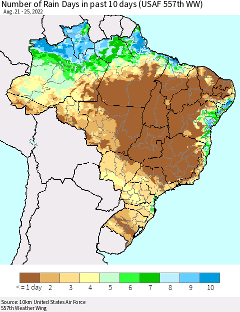 Brazil Number of Rain Days in past 10 days (USAF 557th WW) Thematic Map For 8/21/2022 - 8/25/2022