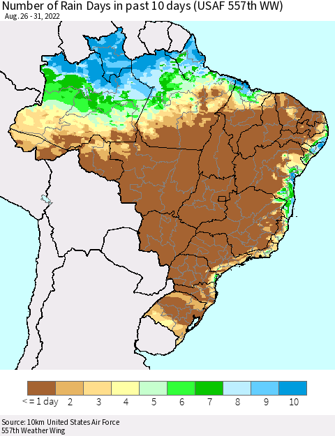 Brazil Number of Rain Days in past 10 days (USAF 557th WW) Thematic Map For 8/26/2022 - 8/31/2022