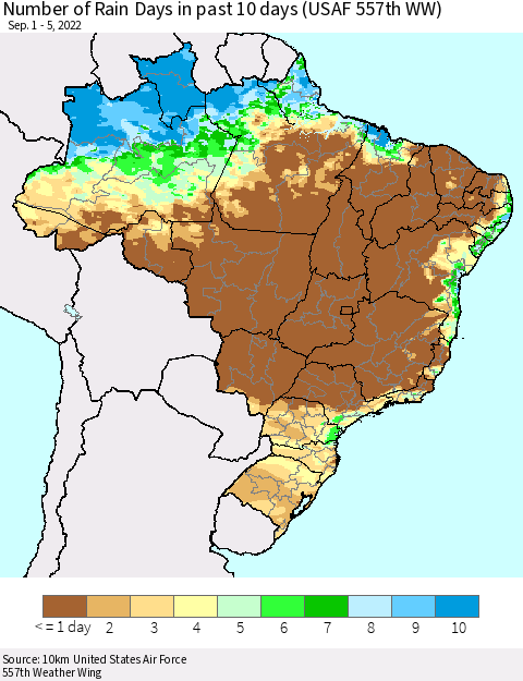 Brazil Number of Rain Days in past 10 days (USAF 557th WW) Thematic Map For 9/1/2022 - 9/5/2022